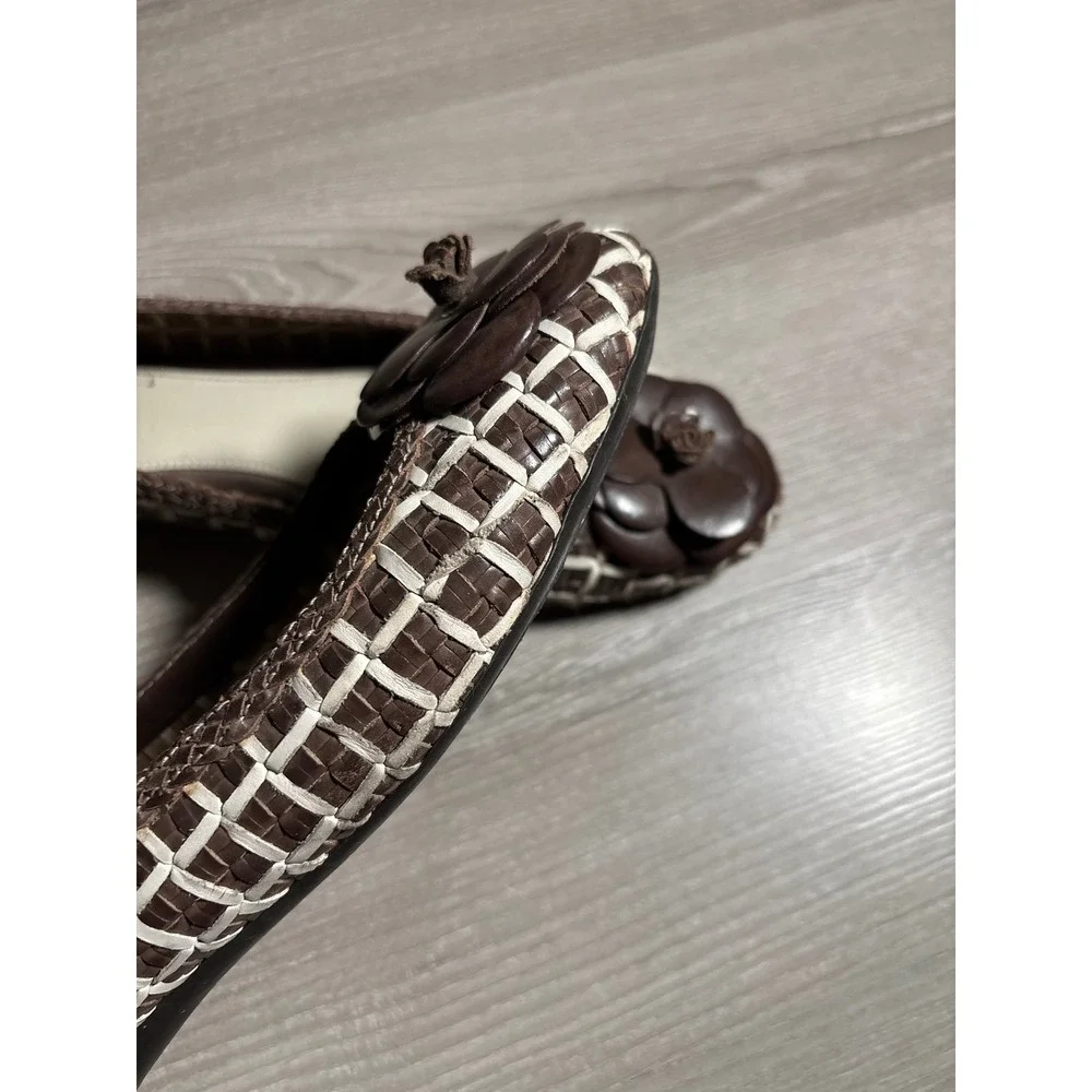 Geox Respira Brown White Woven Leather Floral Ballet Flats Womens 9.5 Round Toe